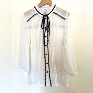 Forever 21‎ Elegant White Sheer Blouse Women’s Sz Small with Black Accents